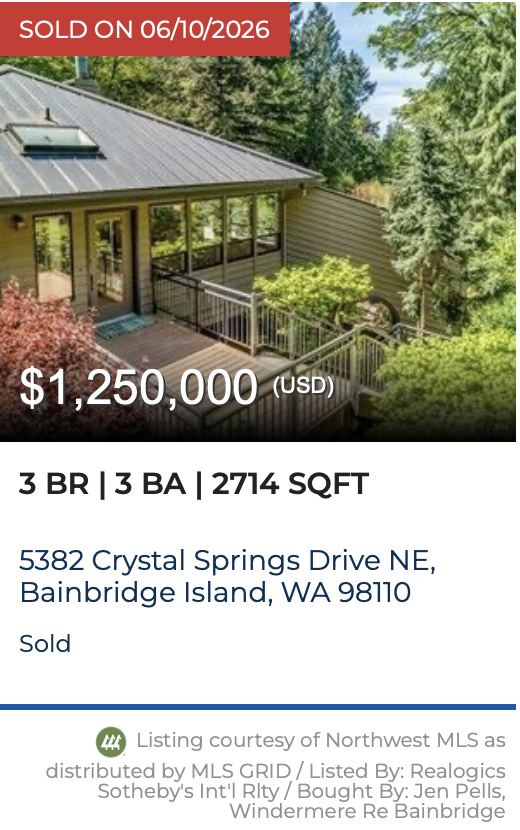 Crystal Spring Drive view home on Bainbridge Island. Sold by Jen Pells Windermere Bainbridge.